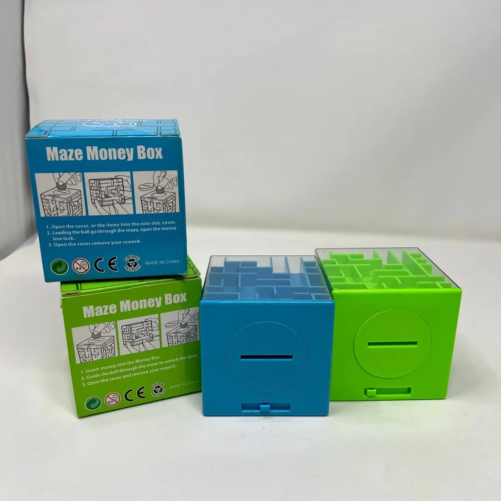 T.T. Toys Maze Money Box T70 Puzzle Bank Cube Blue & Green Lot of 2 Gift Novelty